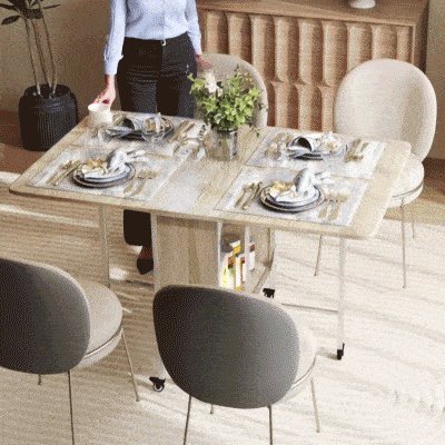 HOMCOM Folding Dining Table, Extendable Kitchen Table for Small Spaces with Storage Shelf and 6 Wheels, Natural Wood