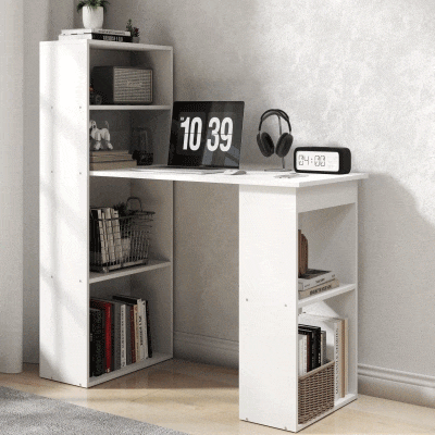 HOMCOM Modern Computer Desk with Storage Shelves, 47" Writing Table Workstation with Bookshelf for Home Office, White