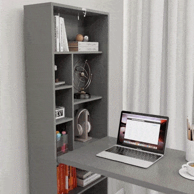 HOMCOM Fold-out Convertible Office Desk, Wall Mount Computer Desk with Blackboard and Side Shelf, Charcoal Grey