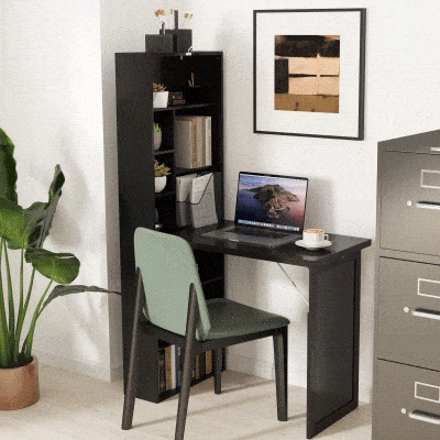 HOMCOM Fold-out Convertible Office Desk, Wall Mount Computer Desk with Blackboard and Side Shelf, Black