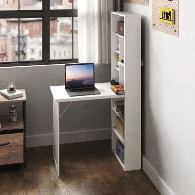 HOMCOM Fold-out Convertible Office Desk, Wall Mount Computer Desk with Whiteboard and Side Shelf, White