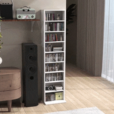 HOMCOM Media Storage Cabinet, 9-Tier Tall Narrow DVD Shelf with 6 Adjustable Shelves, White