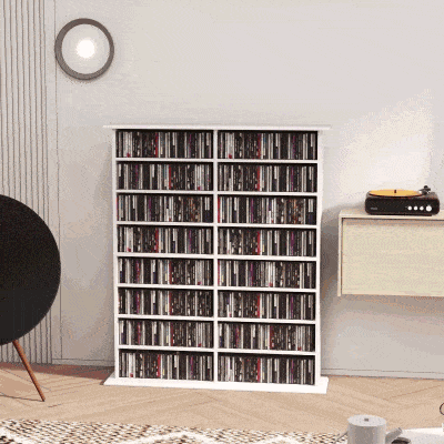 HOMCOM 8-Tier DVD Shelf with 12 Adjustable Shelves, Double CD Shelf, Holds 720 CDs, 396 DVDs or 396 Blu-rays, White