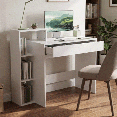 HOMCOM Desk with Storage, Computer Desk with 3 Open Shelves and Drawer White
