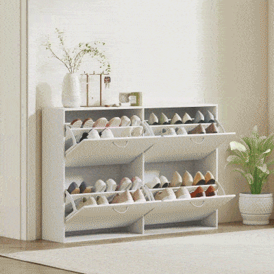 HOMCOM Flip Down Shoe Rack, Multi Cabinet, Wooden Shoe Shelf, Entryway, 4 Drawer Organizer, Freestanding Unit, White