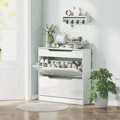 HOMCOM High Gloss Shoe Cabinet with 2 Flip Drawers and Adjustable Shelves, Narrow Shoe Storage Cabinet with Glass Top, White