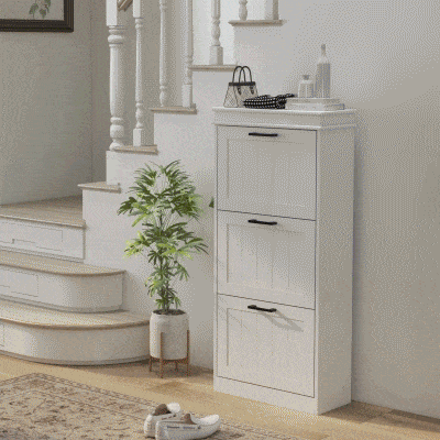 HOMCOM Slim Shoe Cabinet with 3 Flip Drawers and Adjustable Shelves, Narrow Shoe Cabinet for 15 Pairs of Shoes, White