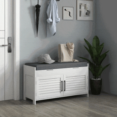 HOMCOM Entryway Bench with Cushion, Hidden Storage, Adjustable Shelves and Shutter Doors, 35.4" Shoe Bench, White