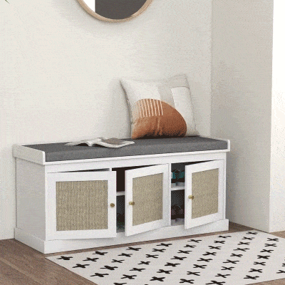 HOMCOM Shoe Storage Bench with Woven Rattan Doors, Shoe Bench with Cushion, Adjustable Shelves, Entryway Bench, White
