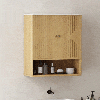 HOMCOM Bathroom Wall Cabinet, Wall-Mounted Medicine Cabinet with Adjustable Shelf, Open Shelf and Marble Effect Top, Oak