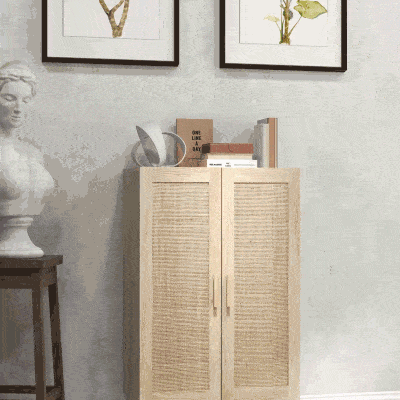 HOMCOM Boho Kitchen Buffet Cabinet with Rattan Doors, Natural