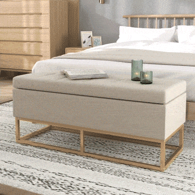 HOMCOM Storage Ottoman with Flip Top, Upholstered Storage Bench, Linen Fabric Footstool with Steel Legs for Living Room, Bedroom, Beige