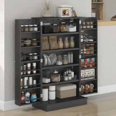 HOMCOM Freestanding Kitchen Pantry Cabinet, Kitchen Cabinet with 12 Door Shelves, Double Doors, 5-tier Shelving, Black