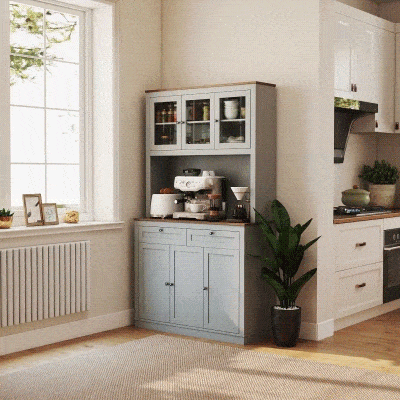 HOMCOM 71" Pantry Cabinet with Microwave Space, Buffet with Hutch, 2 Drawers, Adjustable Shelves and Glass Doors, Grey
