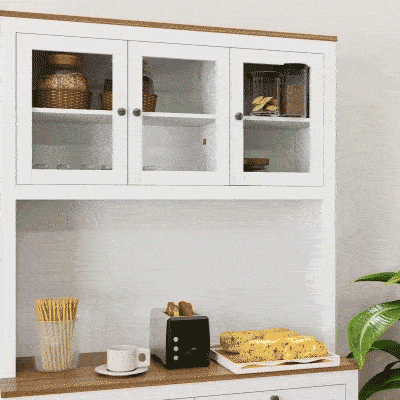 HOMCOM 71" Pantry Cabinet with Microwave Space, Buffet with Hutch, 2 Drawers, Adjustable Shelves and Glass Doors, White