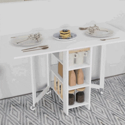 HOMCOM Folding Dining Table with Storage, Drop Leaf Kitchen Table for Small Spaces, White