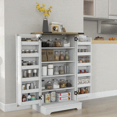 HOMCOM Farmhouse Kitchen Pantry Storage Cabinet, Kitchen Pantry Cabinet with Doors and Adjustable Shelves, Cream White