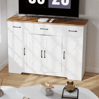 HOMCOM 47" Buffet Cabinet with Soft-Close Hinges, Farmhouse Sideboard with 3 Drawers, Adjustable Shelves and Spice Racks, White