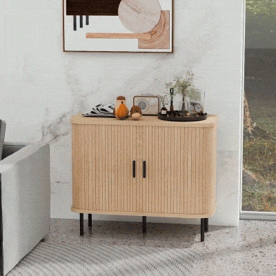 HOMCOM 35.4" Sideboard Buffet Cabinet with Storage, Nordic Coffee Bar Cabinet with Slatted Tambour Doors and Metal Legs, Oak