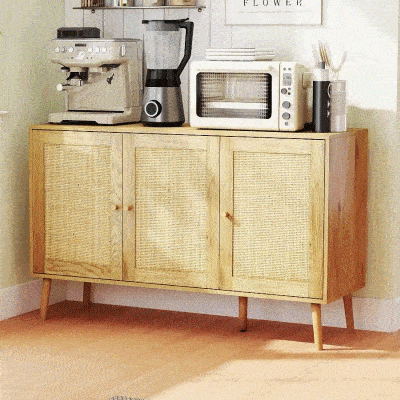 HOMCOM Bohemian Sideboard with Rattan Doors & Adjustable Shelf, Natural Wood Finish