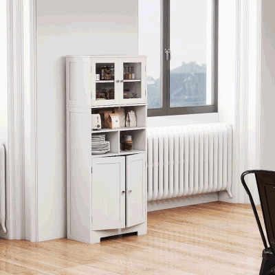 HOMCOM 57" Kitchen Pantry, Freestanding Pantry Storage Cabinet with Glass Doors, Adjustable Shelves, Open Compartments, White