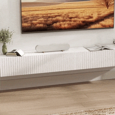 HOMCOM 71" Floating TV Stand for TVs up to 72 Inch, Wall Mount Media Console with 2 Fluted Flip-Down Doors, Cable Hole, White