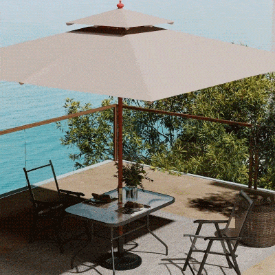 Outsunny 10x10ft Wood Square Patio Umbrella Garden Market Parasol Sunshade Canopy with 2 Pulley Pagoda Style, Khaki