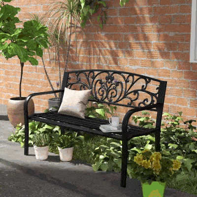 Outsunny 50" 2-Seater Garden Bench Chair, Outdoor Blossoming Pattern Garden Decorative Loveseat Bench for Yard, Lawn, Porch, Black