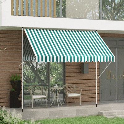 Outsunny 10x5ft Manual Retractable Awning, Patio Sun Shade Canopy Shelter with 5.6-9.2ft Support Pole, Water Resistant UV Protector, for Window, Door, Porch, Deck, Green