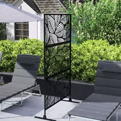 Outsunny 6.5FT Decorative Outdoor Divider, Metal Privacy Screen with Stand, Leaf Style, Black