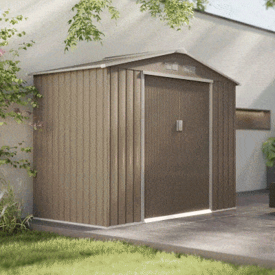 Outsunny 7' x 4' x 6' Metal Storage Shed Outdoor Patio Metal Tool Storage House w/ Foundation Kit and Double Doors Light Brown