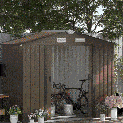 Outsunny 7' x 4' x 6' Garden Storage Shed Outdoor Patio Metal Tool Storage House w/ Foundation Kit and Double Doors Brown