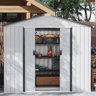 Outsunny 7'x 4'x 6' Garden Tool Shed Metal Storage Shed w/ Foundation Kit and Double Doors Silver