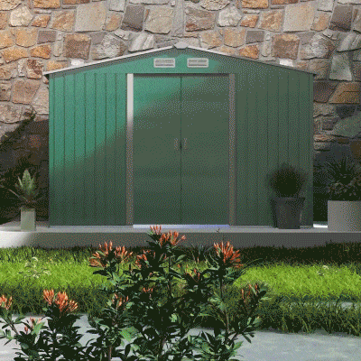 Outsunny 9.1' x 6.4' x 6.3' Garden Storage Shed w/ Foundation Kit Metal Tool Storage House w/ Double Doors Green