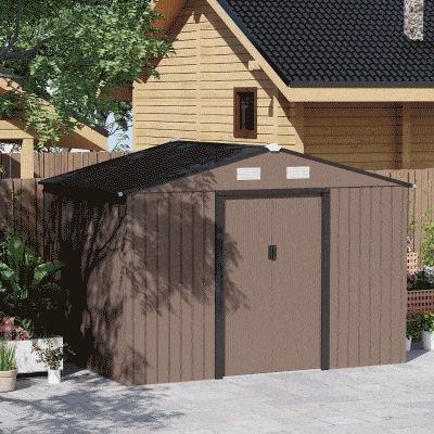 Outsunny 9.1'x6.4'x6.3' Garden Storage Shed w/ Foundation Kit Metal Tool Storage House w/ Double Doors Brown