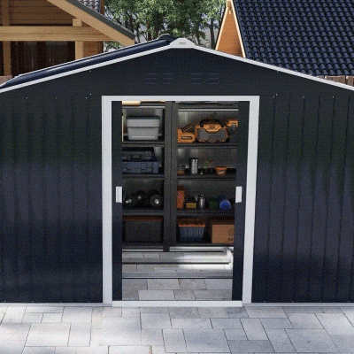 Outsunny 9.1' x 6.4' x 6.3' Garden Storage Shed w/ Foundation Kit Metal Tool Storage House w/ Double Doors Grey