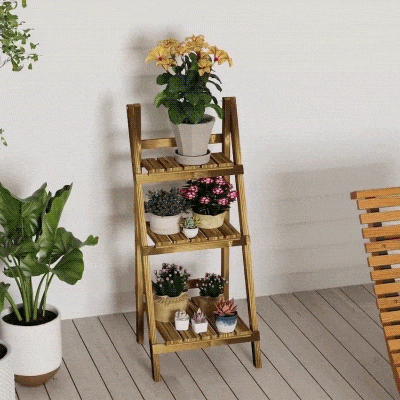 Outsunny Outdoor Plant Stand, Foldable Flower Stand 3-Tier Wooden Plant Shelf for Garden Indoor Outdoor, 16" x 15" x 37"