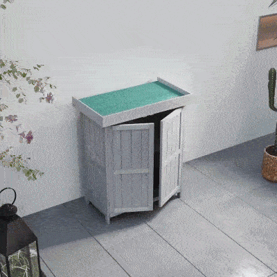 Outsunny Wooden Garden Tool Storage Shed Kit with Hinged Roof, 2-Tier Shelves and Double Doors, 74x43x88cm, Dark Grey