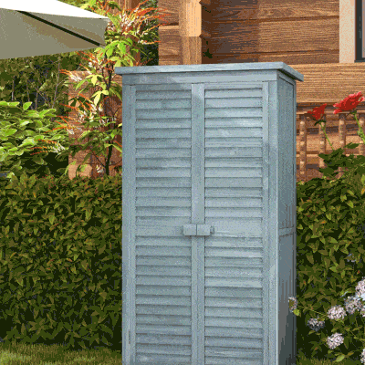 Outsunny Outdoor Garden Shed, Wooden Tool Storage Shed, 3-Tier Shelves, Asphalt Roof, Shutter Doors, 34.3" x 18.3" x 63", Grey