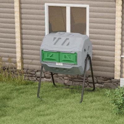 Outsunny Tumbling Compost Bin Outdoor Dual Chamber 360° Rotating Composter 43 Gallon with Sliding Doors, Dark Green