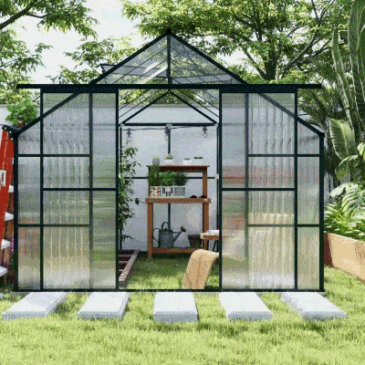Outsunny Aluminium Greenhouse Polycarbonate Walk-in Garden Greenhouse Kit with Adjustable Roof Vent, 8 x 12ft, Green