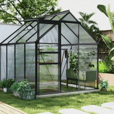 Outsunny 6' x 8' x 6.5' Polycarbonate Greenhouse, Walk-in Green House with Adjustable Roof Vent Galvanized Base Sliding Door Rain Gutter for Outdoor Garden Backyard, Charcoal Grey