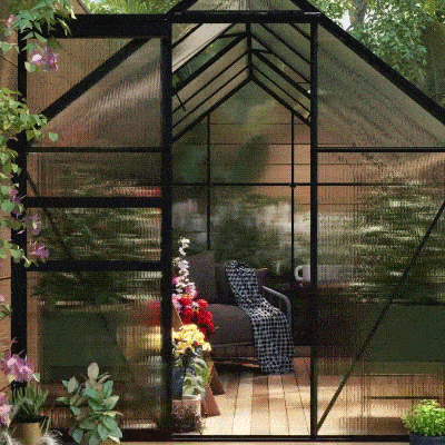 Outsunny 6' x 12' x 6.5' Polycarbonate Greenhouse, Walk-in Green House with Adjustable Roof Vent Galvanized Base Sliding Door Rain Gutter for Outdoor Garden Backyard, Charcoal Grey