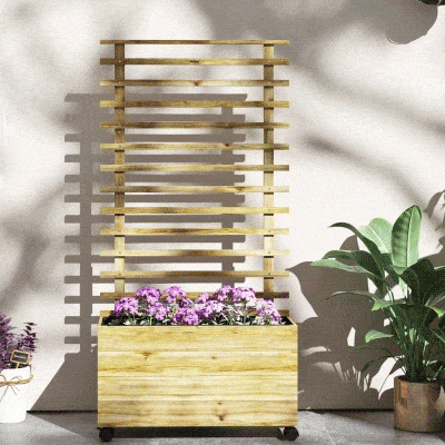 Outsunny Wooden Planter with Trellis, Raised Garden Bed with 4 Wheels for Climbing Plants, 30" x 12" x 61", Nature Wood
