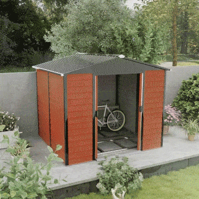 Outsunny 8' x 7' Outdoor Storage Shed, Galvanized Steel Metal Garden Shed with Lockable Doors, Floor Frame, Vents, Lock and Gloves for Backyard, Lawn, Patio, Teak