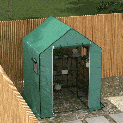 Outsunny Portable Greenhouse, Walk-In Small Outdoor Green House with 2 Tier U-Shaped Flower Rack Shelves, 4.6' x 4.7', Green