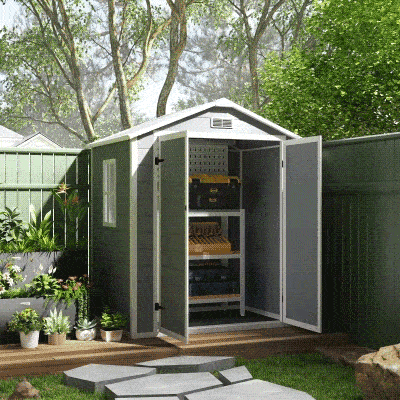 Outsunny 6x4.5FT Plastic Shed, Lockable Garden Tool Storage House with Double Doors and Vent, Grey
