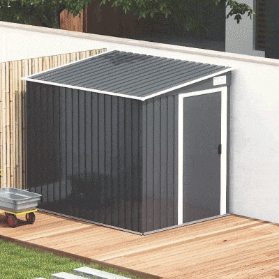 Outsunny 5'x7' Lean to Galvanized Metal Shed with Foundation, Garden Tool Storage House with Sliding Door and 2 Vents, Dark Grey