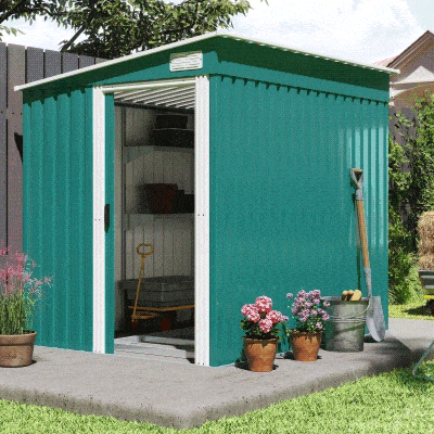 Outsunny 5'x7' Lean-to Galvanized Metal Shed with Foundation, Garden Tool Storage House with Sliding Door and 2 Vents, Green