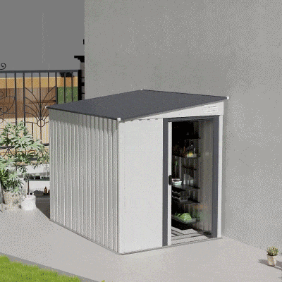 Outsunny 5x7 Garden Shed, Lean-to Metal Storage with Foundation, Sliding Door & 2 Vents for Garden Tools, White